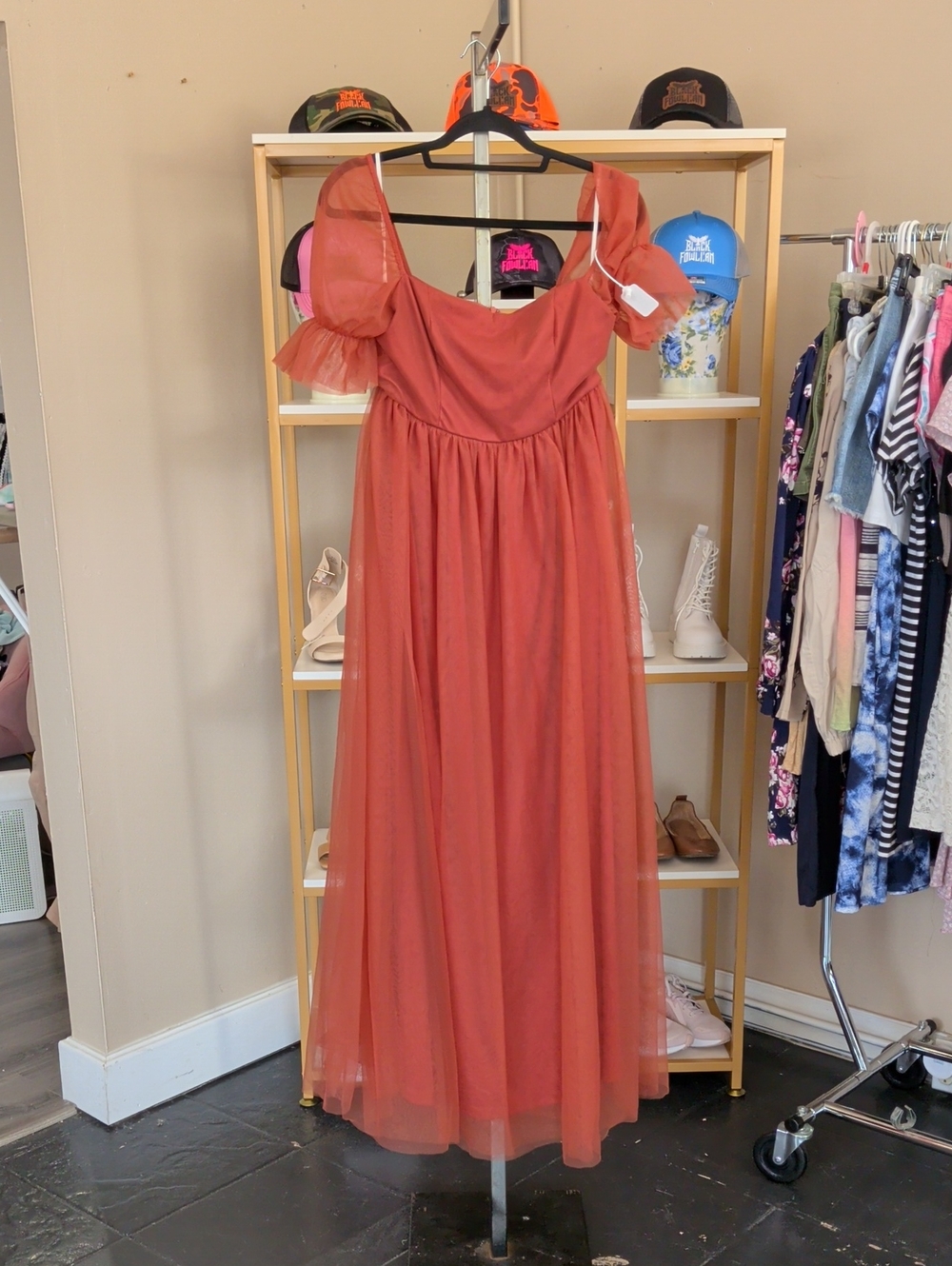 Rust Tulle Maxi Dress with Puff Sleeves — Women